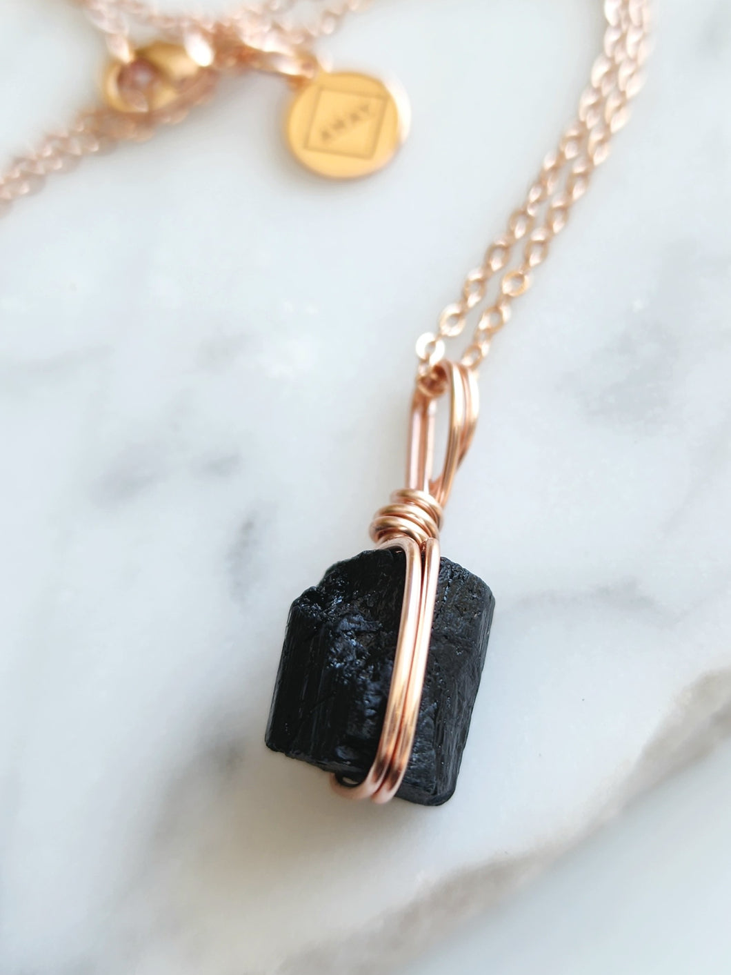 Black Tourmaline Raw - Rose Gold 16 Inch length