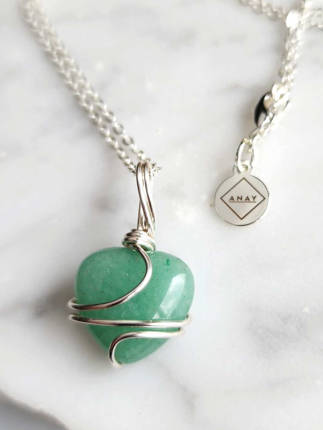 Green Aventurine Heart Wrap - Silver 20 Inch length