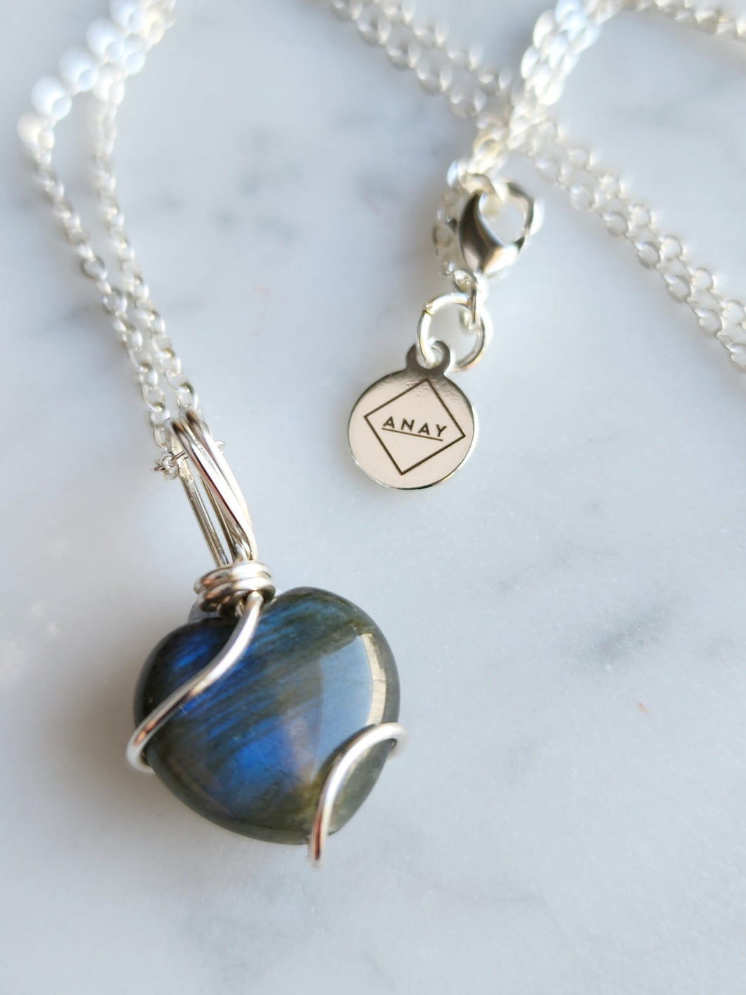 Labradorite Heart Wrap - Silver 18 Inch length