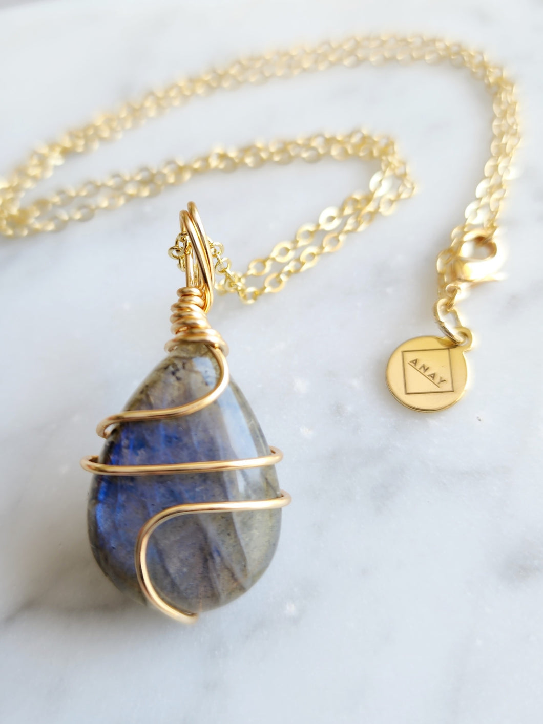 Labradorite Teardrop Wrap - Gold 22 Inch length