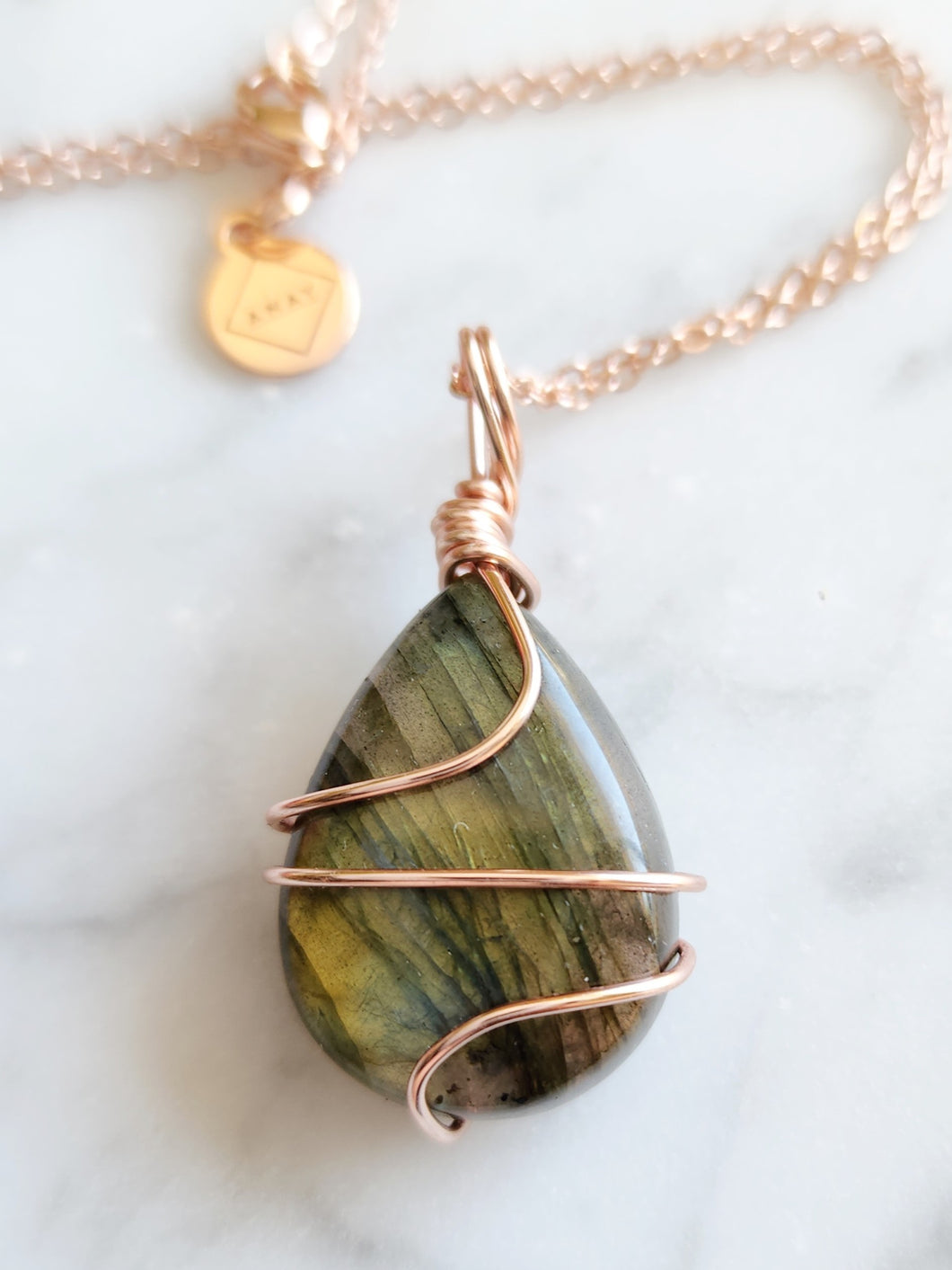 Labradorite Teardrop Wrap - Rose Gold 22 Inch length