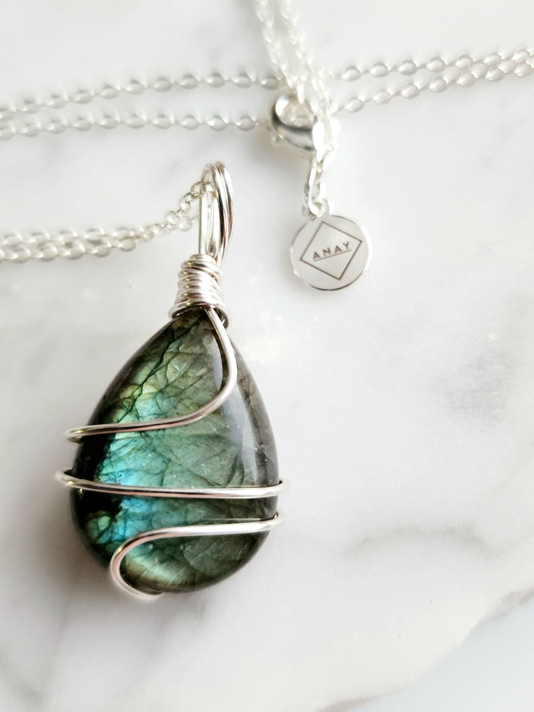 Labradorite Teardrop Wrap - Silver 22 Inch length