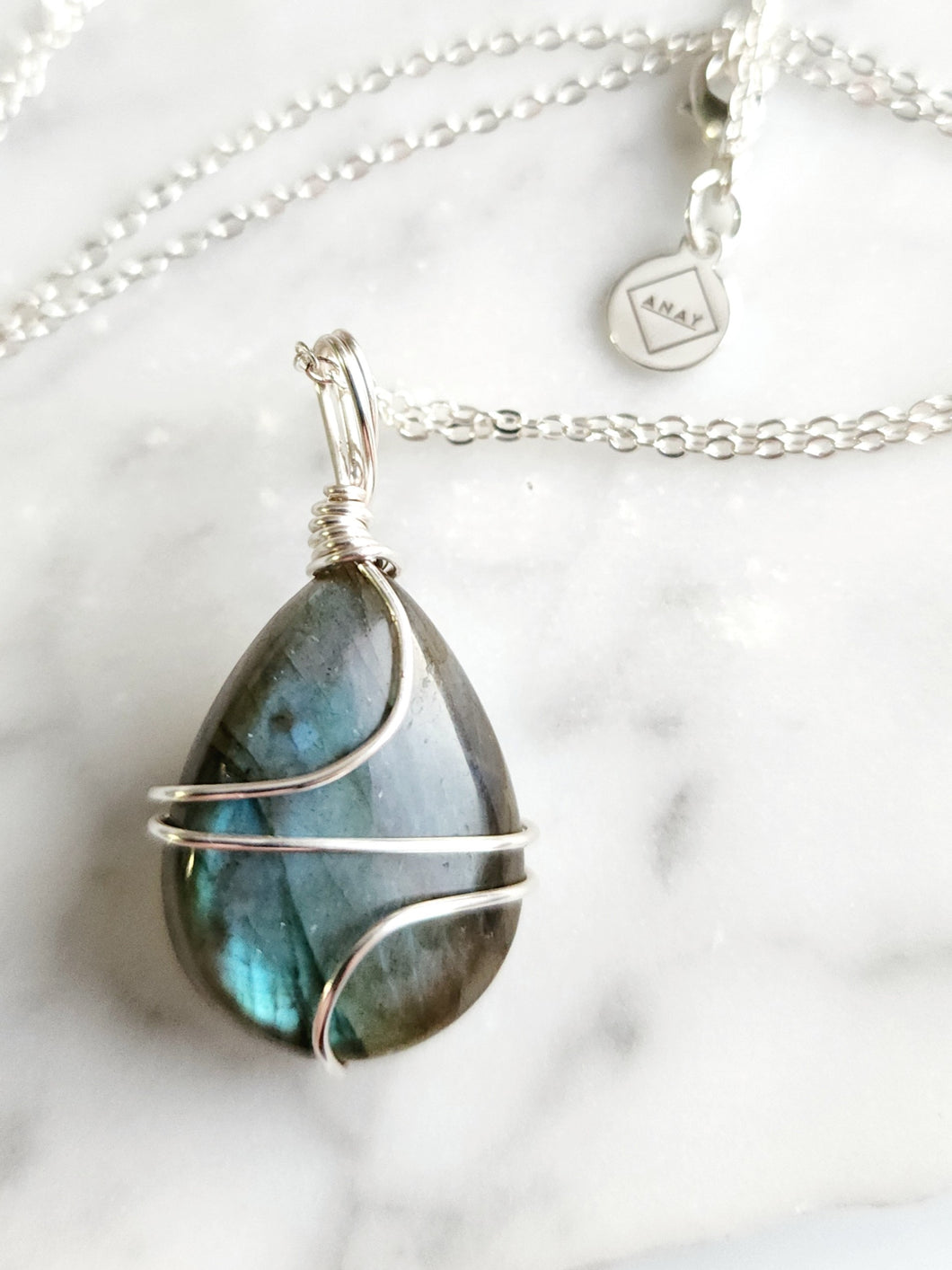 Labradorite Teardrop Wrap - Silver 24 Inch length