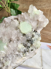 Load image into Gallery viewer, Prehnite’s soft green energy enhances intuition and fosters tranquility, while clear quartz amplifies and clarifies intentions. Together, they create a potent combination that supports deep healing, enriches meditation practices, and strengthens your spiritual connection.
