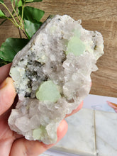 Load image into Gallery viewer, This remarkable crystal cluster features a blend of prehnite and clear quartz, each offering unique spiritual benefits. Prehnite’s soothing green energy enhances intuition and inner peace, while clear quartz amplifies and focuses your intentions.
