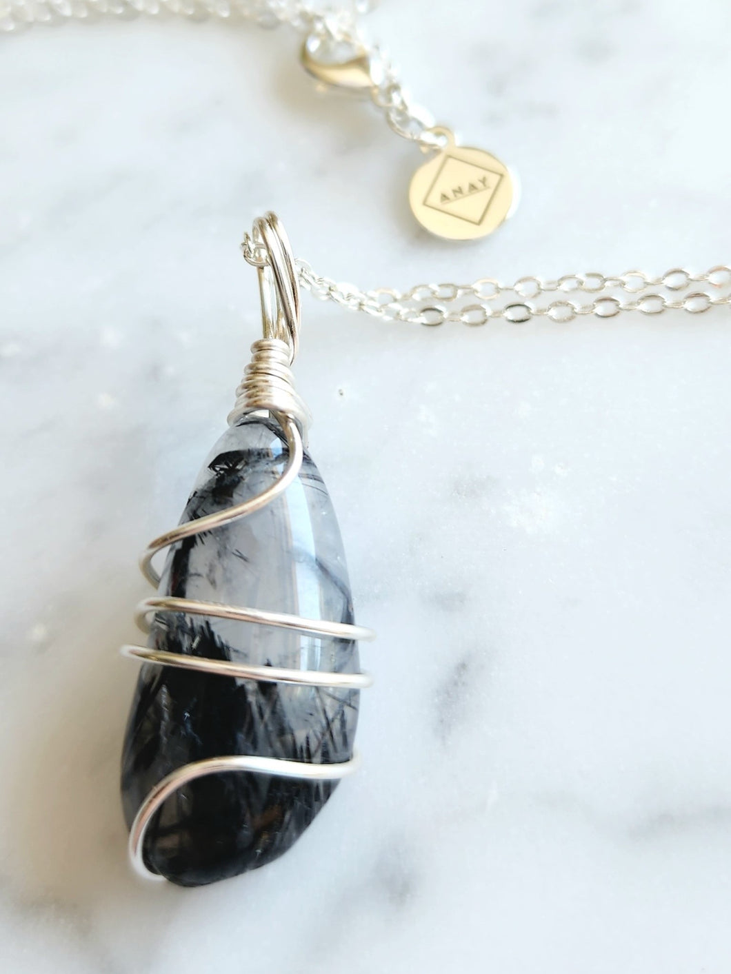 Black Tourmaline in Quartz Wrap - Silver 22 Inch length